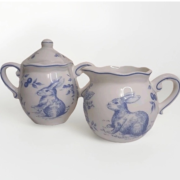 Maxcera Blue Toile Easter Bunny Creamer & Sugar Bowl w/Lid NEW Spring - Picture 7 of 7